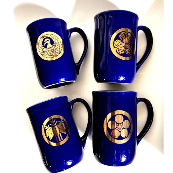 Asian Design Skinny Coffee Mug Cup Cobalt Blue Shiny Gold Signs Set 5  Vintage - Picture 5 of 10
